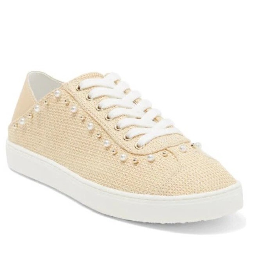 Stuart Weitzman Goldie Raffia Pearl Convertible Mule Sneakers Size 8.5